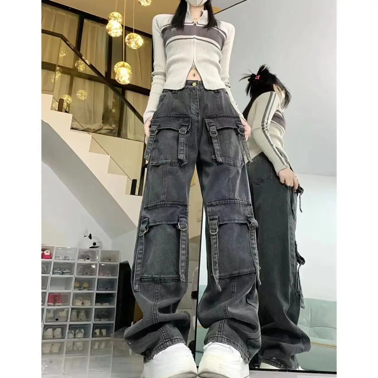 Heavy Duty Washed Multi-pocket Cargo Pants Women Grey Personality High Waisted Pants