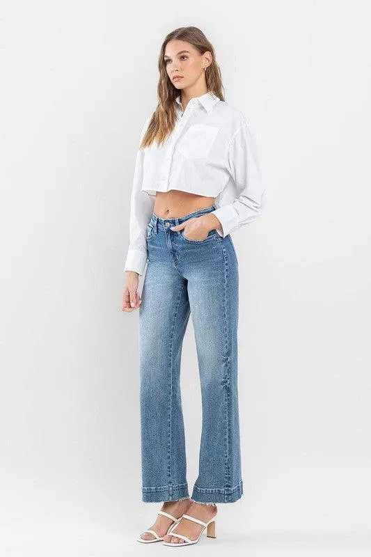 High Rise Trouser Hem Detail Wide Leg Jeans