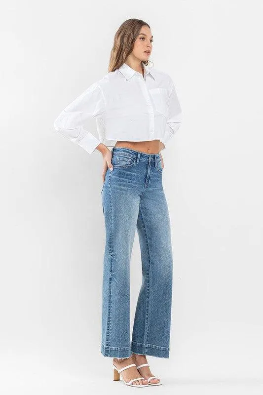 High Rise Trouser Hem Detail Wide Leg Jeans