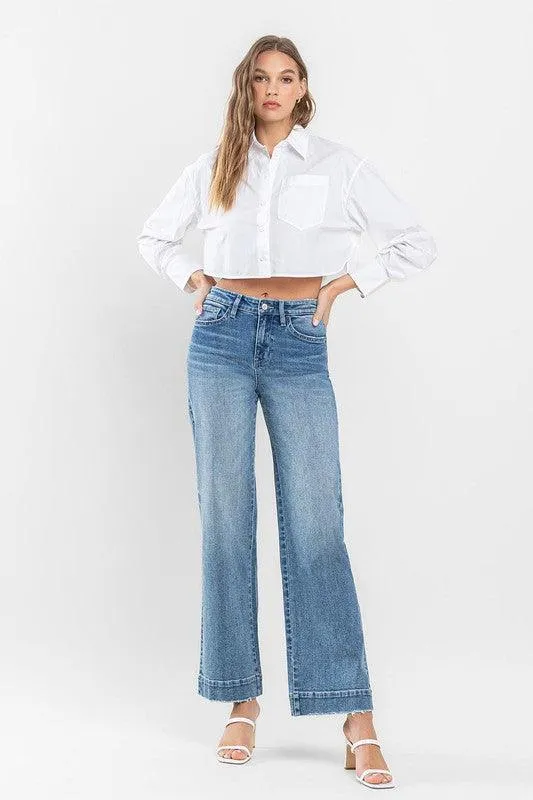 High Rise Trouser Hem Detail Wide Leg Jeans