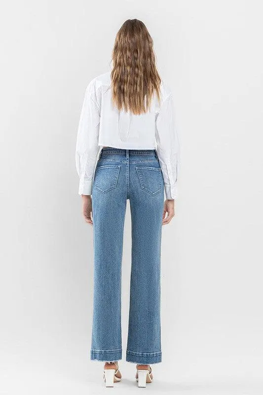 High Rise Trouser Hem Detail Wide Leg Jeans