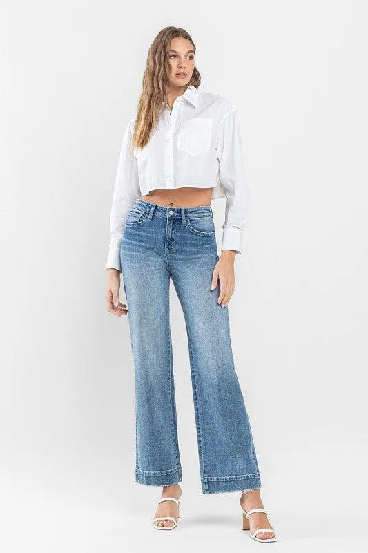 High Rise Trouser Hem Detail Wide Leg Jeans