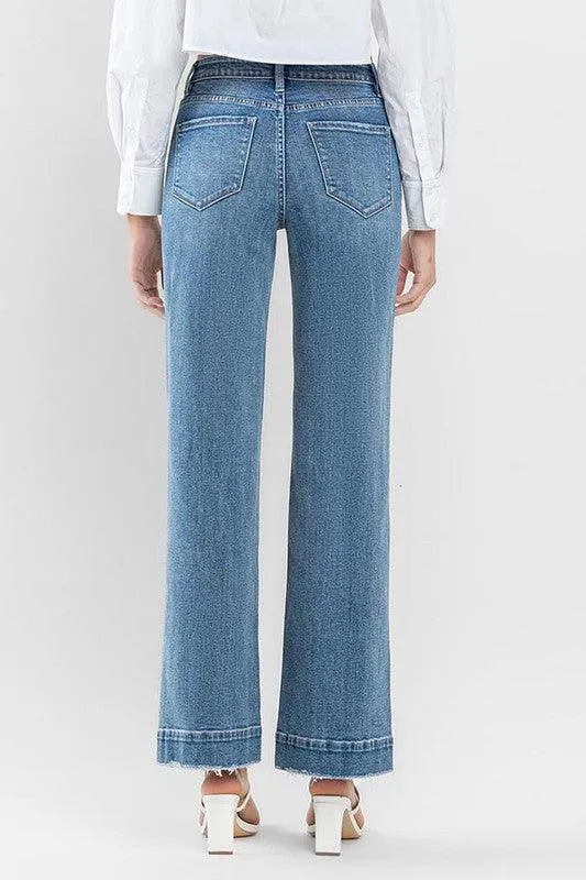 High Rise Trouser Hem Detail Wide Leg Jeans