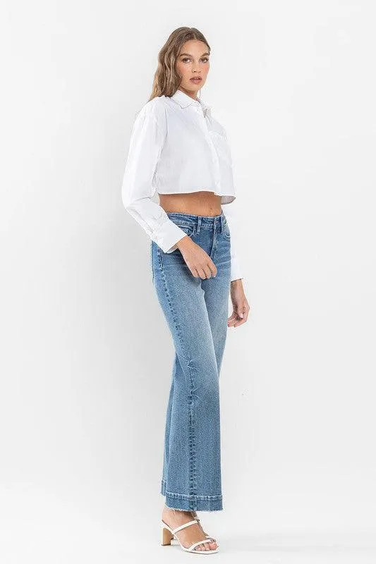 High Rise Trouser Hem Detail Wide Leg Jeans