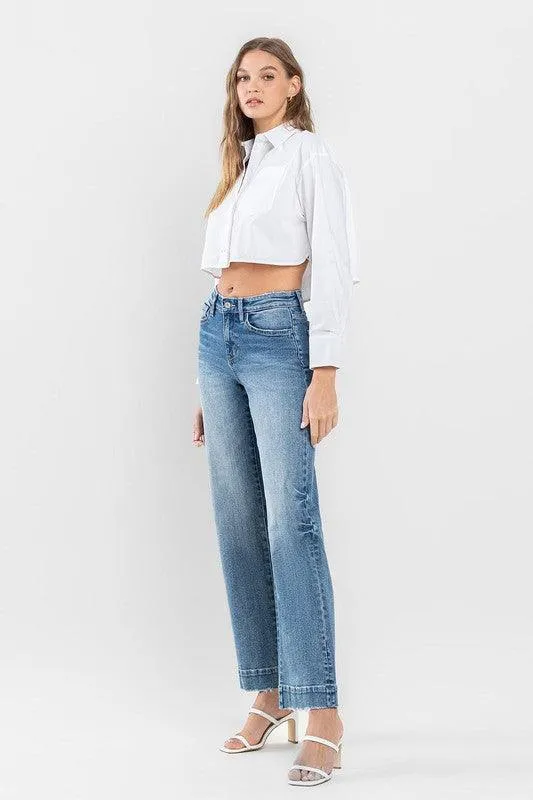 High Rise Trouser Hem Detail Wide Leg Jeans