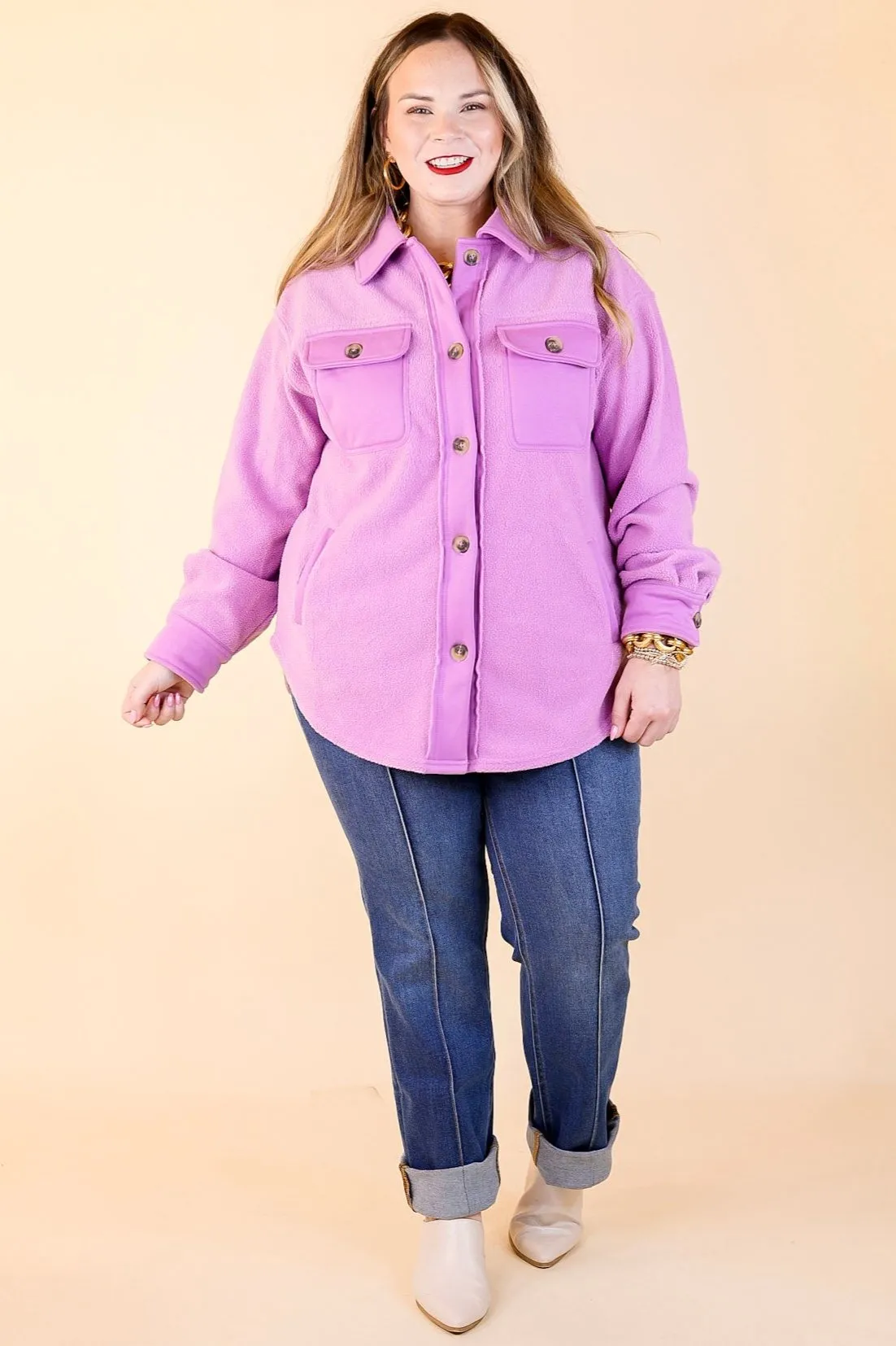 Hollywood Hike Button Up Fleece Jacket with Pockets in Lilac Purple