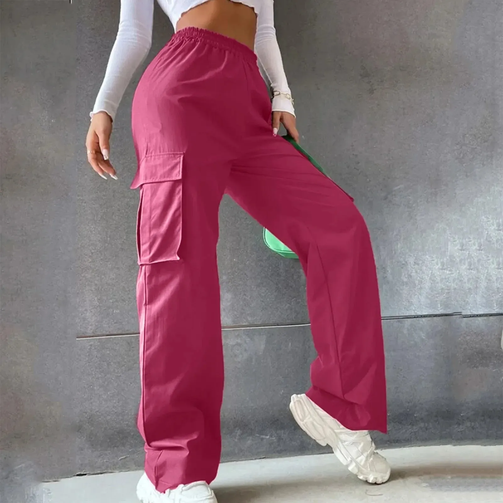 Hot Pink Cargo High Waist Large Pockets Sweat Streetwear Fashion Hip Hop Wide Leg Joggers Baggy Women's Pants