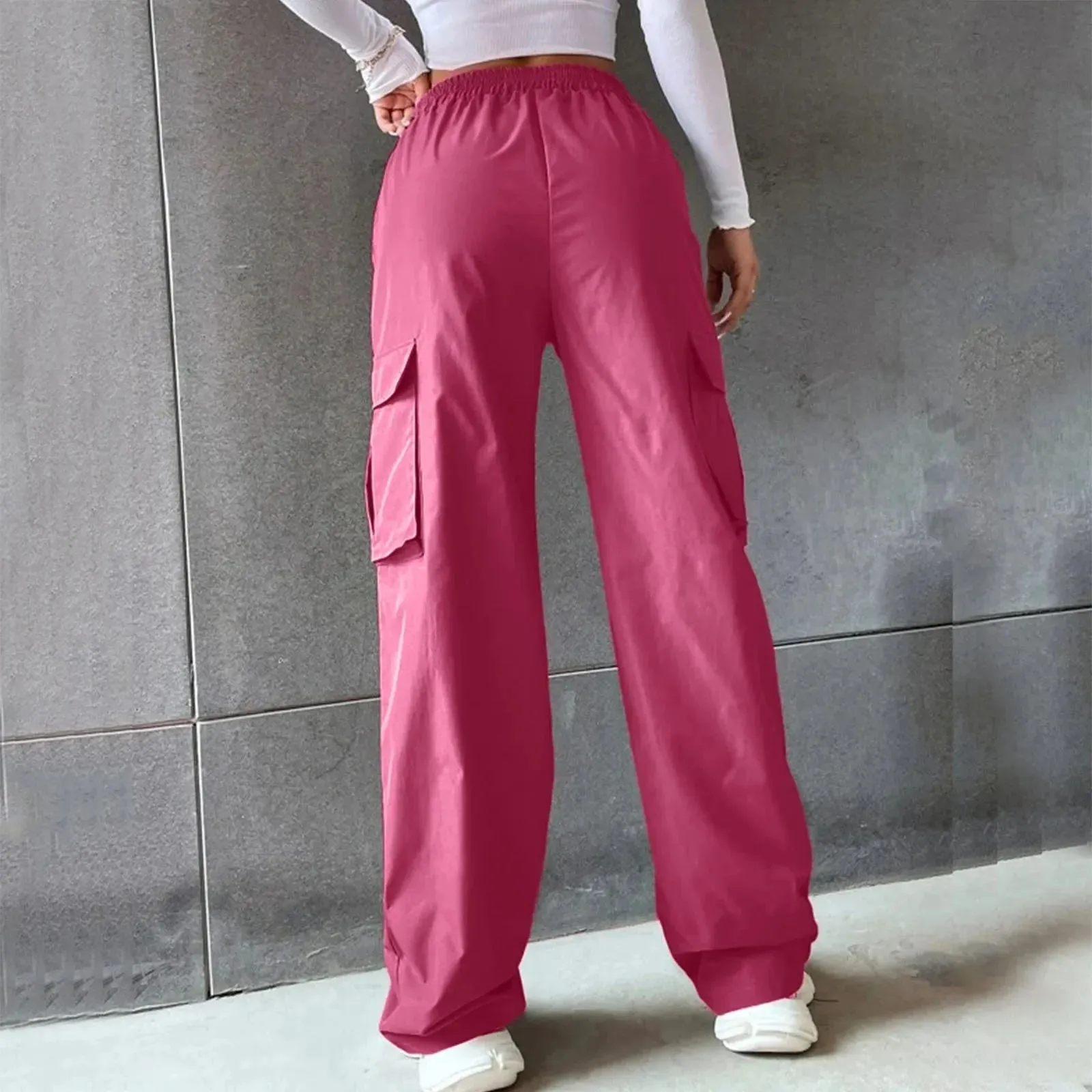 Hot Pink Cargo High Waist Large Pockets Sweat Streetwear Fashion Hip Hop Wide Leg Joggers Baggy Women's Pants