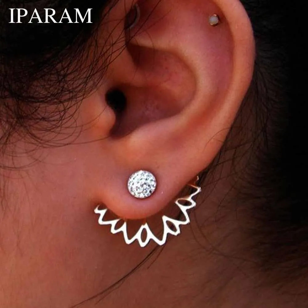 IPARAM 2018 Lotus Crystal Jacket Flower Stud Earrings For Women fashionJewelry Double Sided Gold Silver Plated earrings