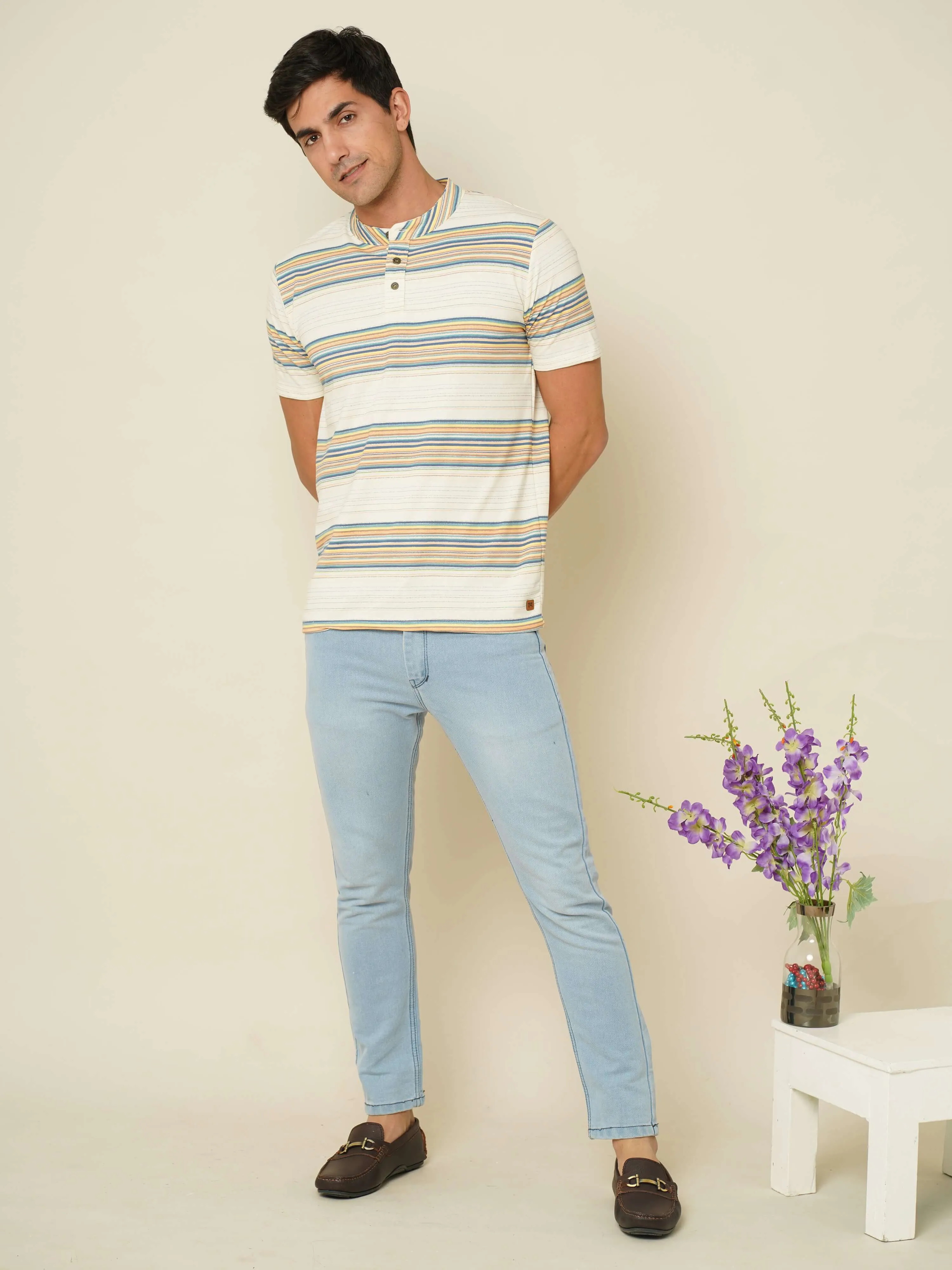 Ivory Stride Stripes Henley T-shirt