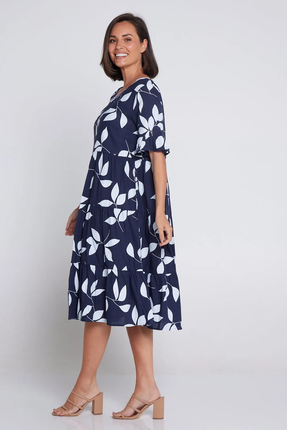 Jackson Linen Dress - Navy Leaf