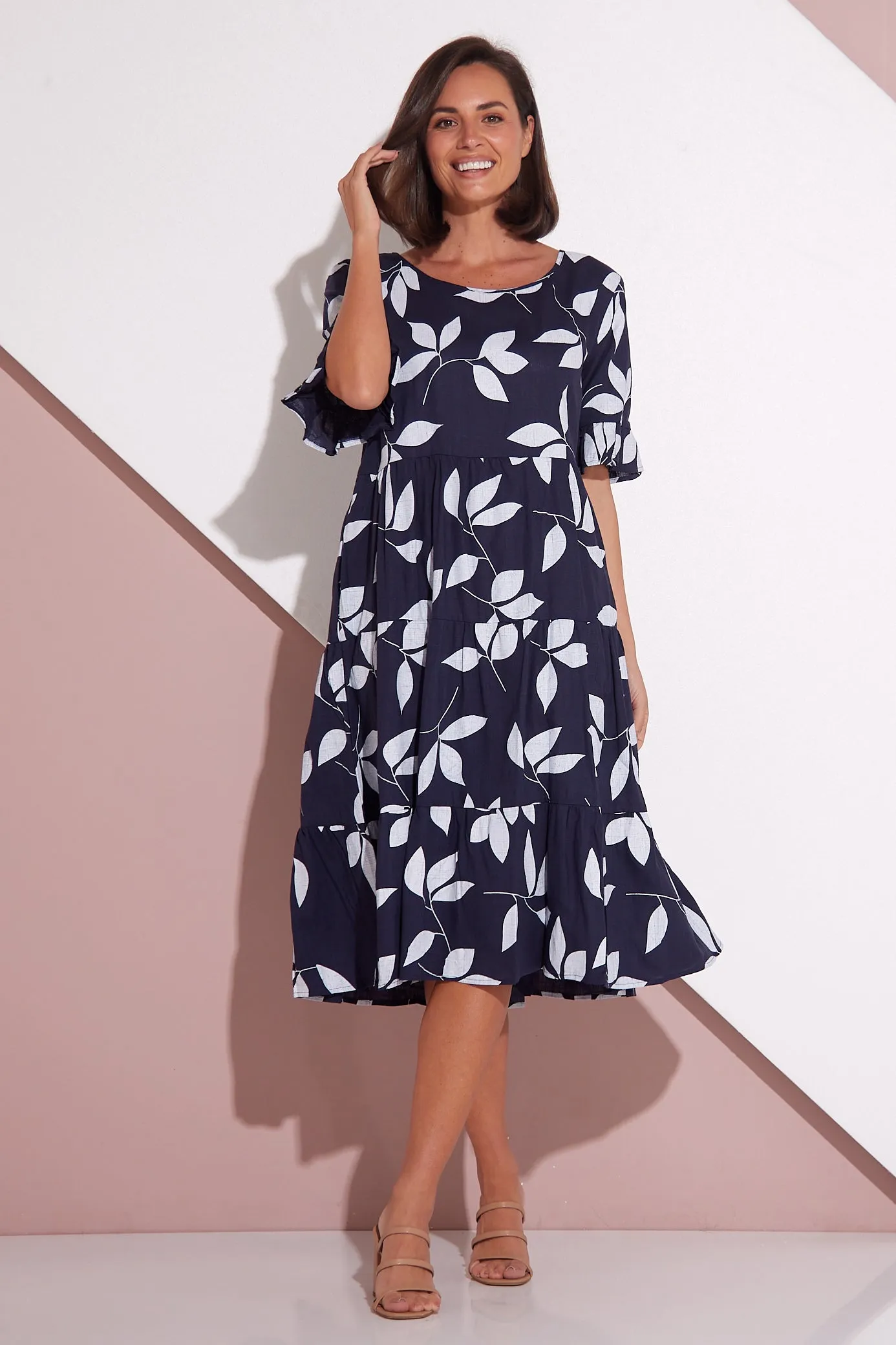 Jackson Linen Dress - Navy Leaf