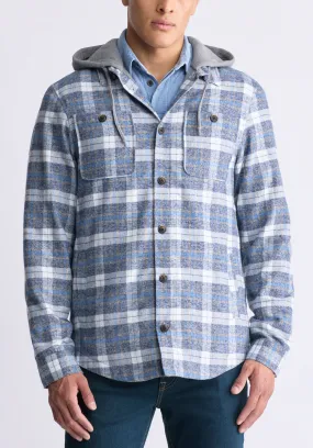 Jakeim Men's Plaid Hooded Shacket, Grey & Blue - BM24443