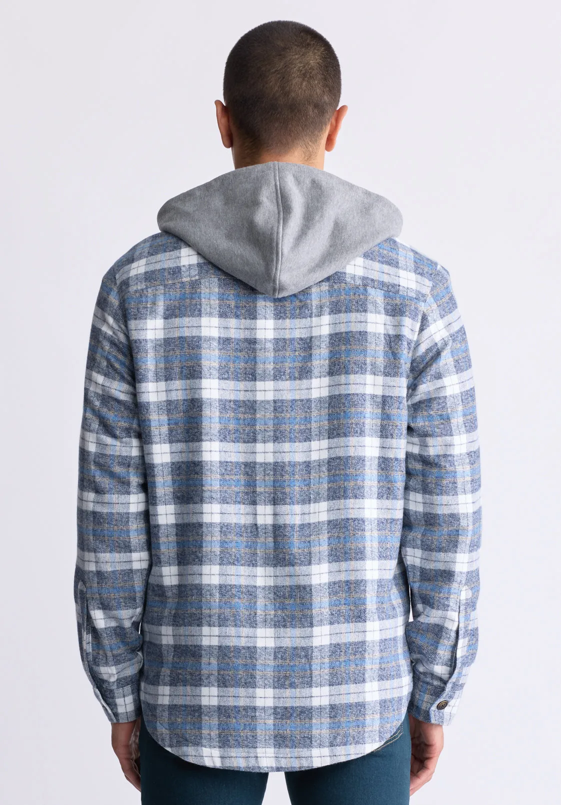 Jakeim Men's Plaid Hooded Shacket, Grey & Blue - BM24443