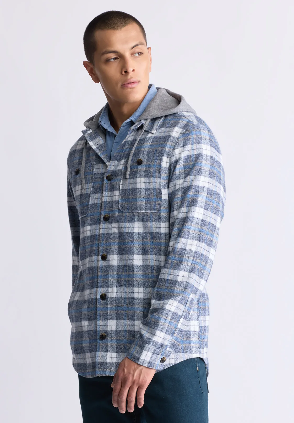 Jakeim Men's Plaid Hooded Shacket, Grey & Blue - BM24443