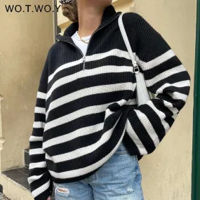 Joskaa Christmas Gift WOTWOY Zipper Polo Collar Knitted Black White Striped Sweater Women Thick Autumn Winter Loose Pullovers Female Casual Jumpers