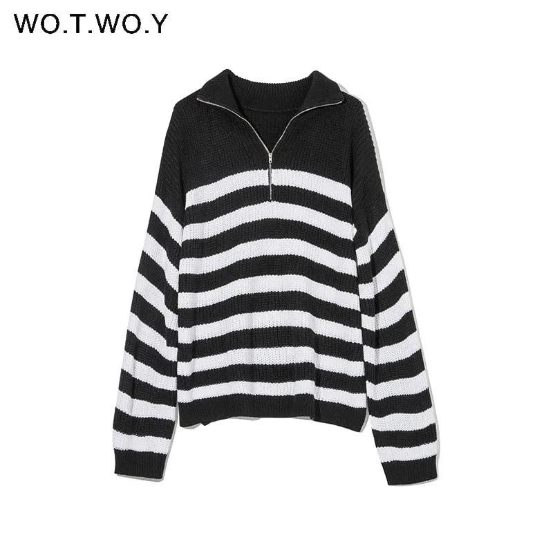 Joskaa Christmas Gift WOTWOY Zipper Polo Collar Knitted Black White Striped Sweater Women Thick Autumn Winter Loose Pullovers Female Casual Jumpers