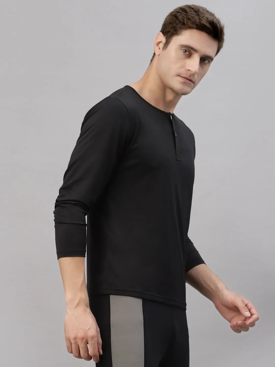 JUMP USA Men Black Henley Neck Long Sleeves T-Shirt