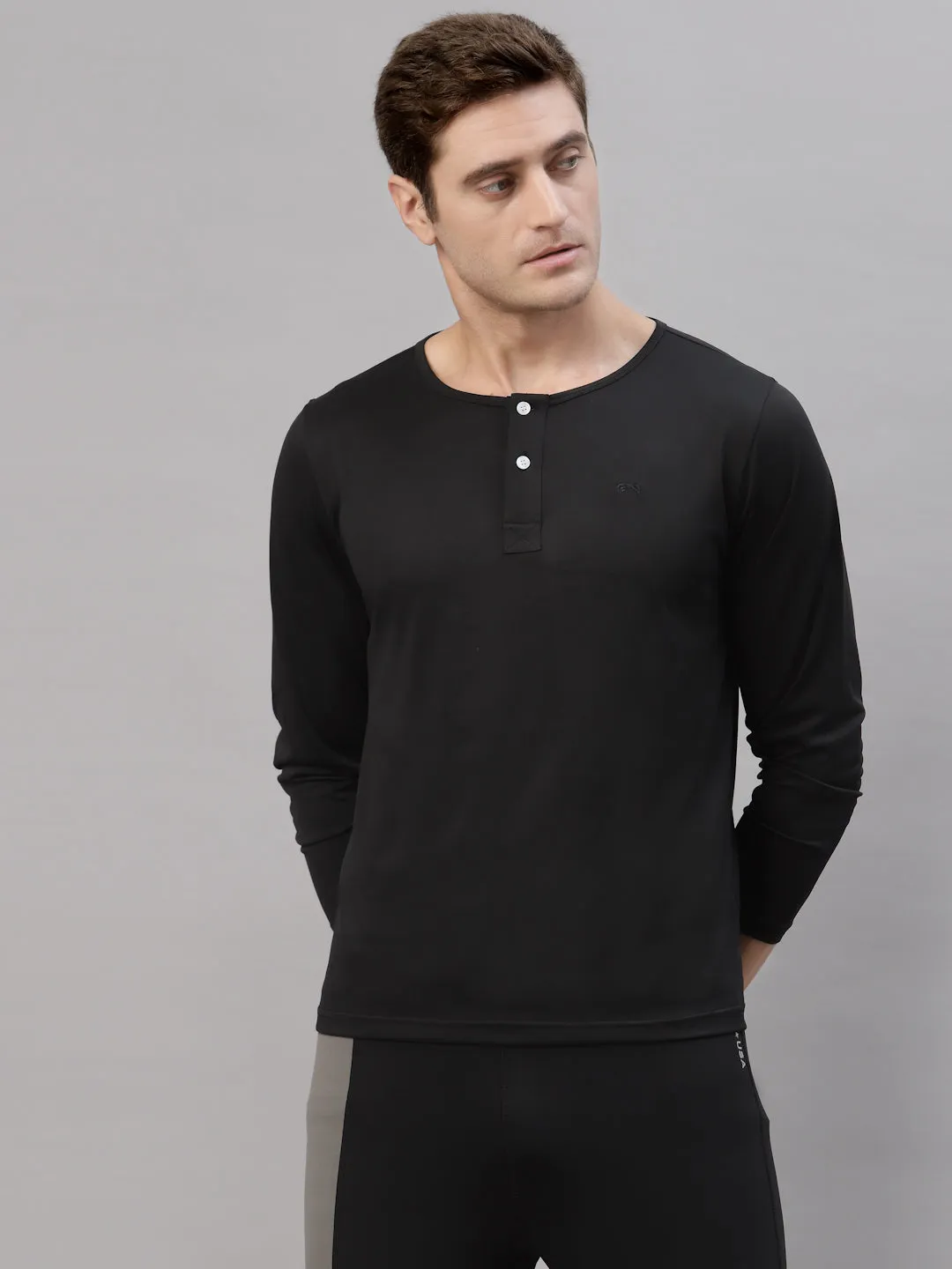 JUMP USA Men Black Henley Neck Long Sleeves T-Shirt