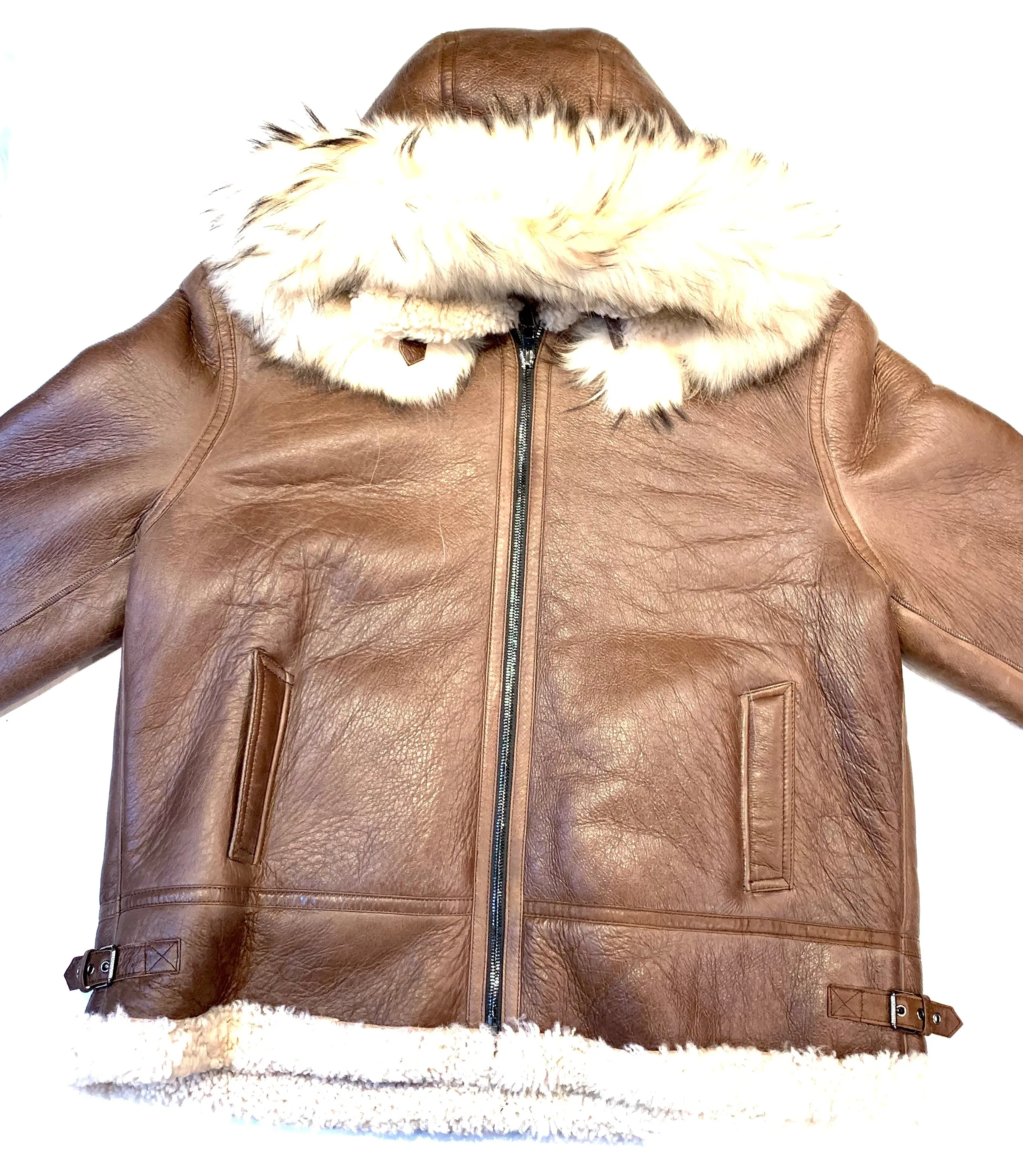 Kashani Men's Chocolate Brown Shearling Fox Hooded Bomber Jacket