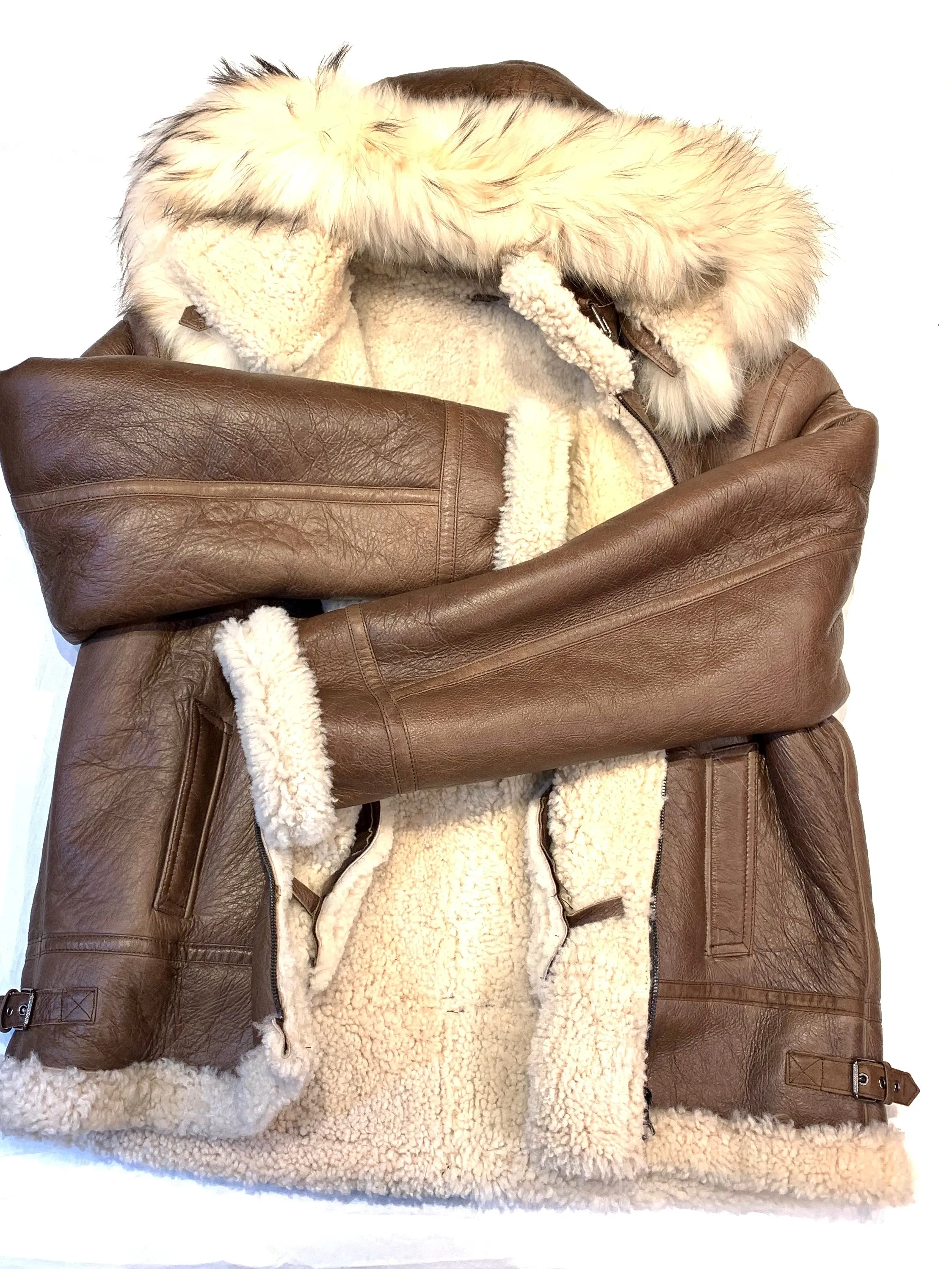 Kashani Men's Chocolate Brown Shearling Fox Hooded Bomber Jacket