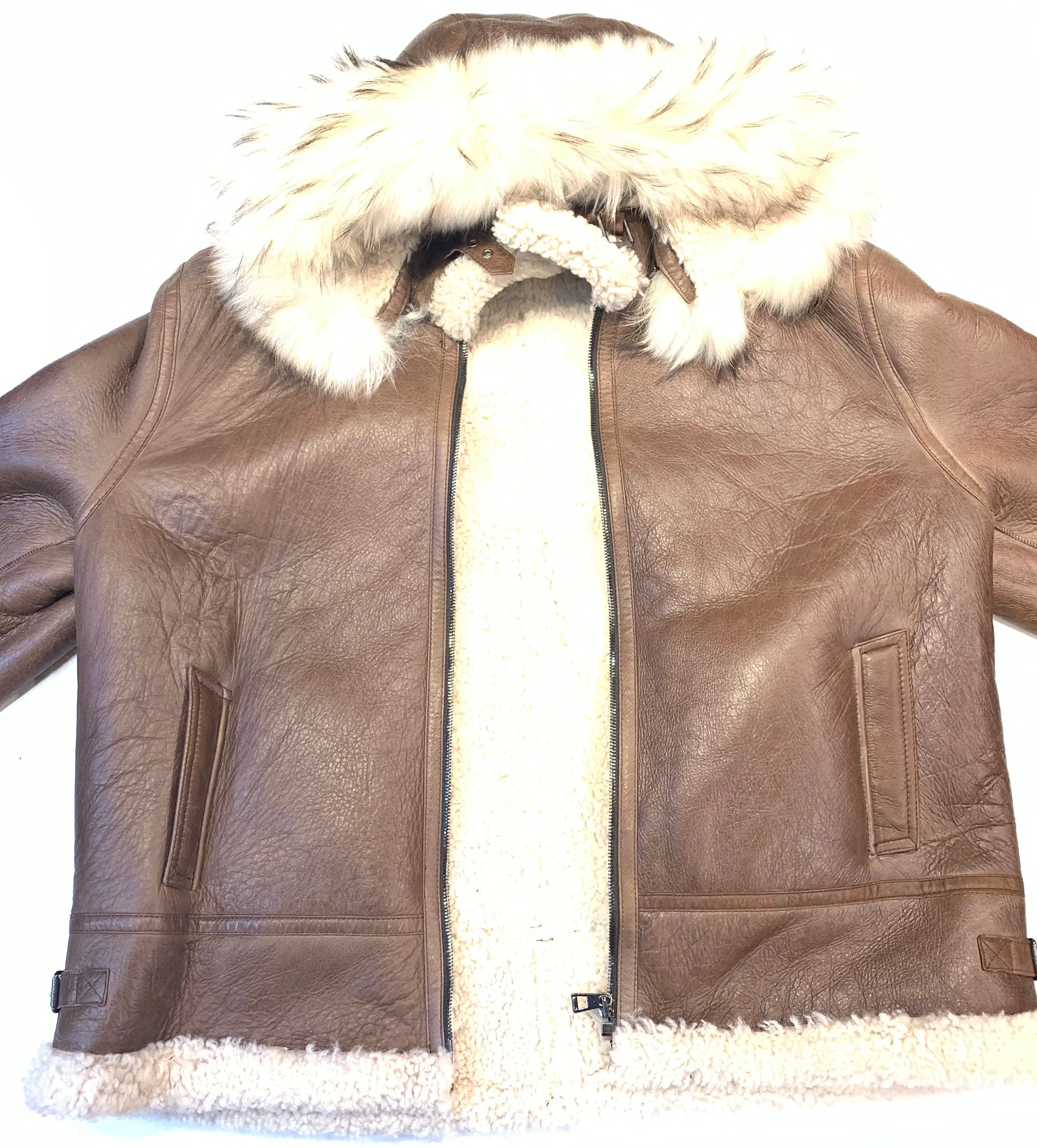 Kashani Men's Chocolate Brown Shearling Fox Hooded Bomber Jacket