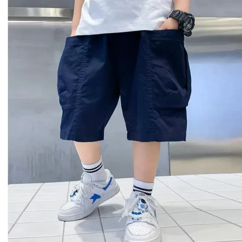 Kids Cargo Short Pants Boys Sports Pants Big Children Hip Hop Joggers Shorts Teenage High Waist Thin Streetwear Baggy Shorts