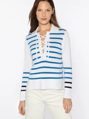 Kinross Cashmere White Stripe Lace Up Polo Jumper LSSG4-189