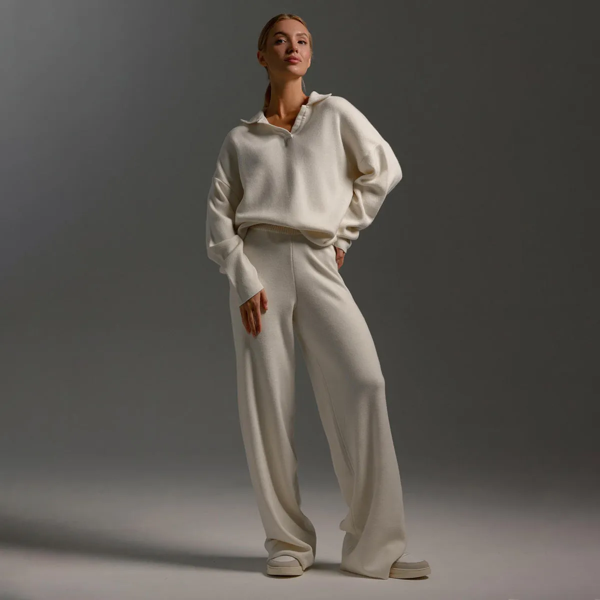 Knitted Set Autumn Winter Sweater Set Polo Neck Knitted Pullover   Wide Leg Long Pants Two-Piece Suit