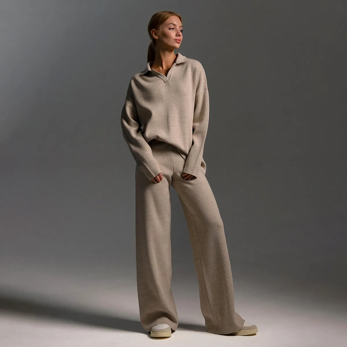 Knitted Set Autumn Winter Sweater Set Polo Neck Knitted Pullover   Wide Leg Long Pants Two-Piece Suit