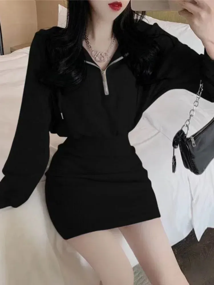 Korean Style Hooded Dress Women Kpop Bodycon School Sport Black Zip Mini Short Dresses Casual Autumn Old Money