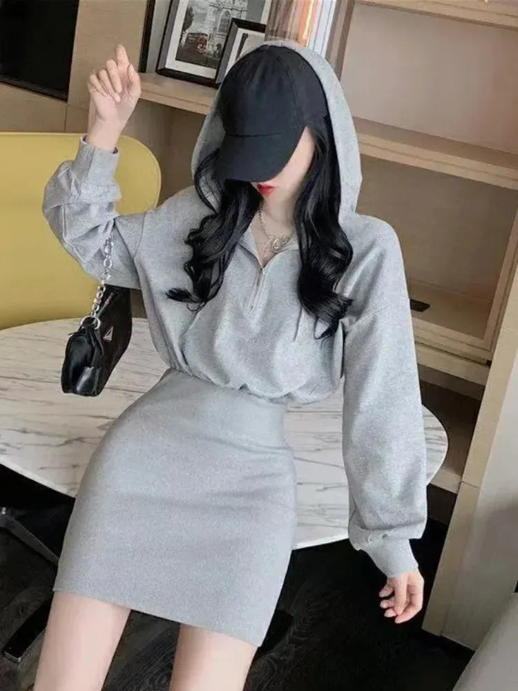 Korean Style Hooded Dress Women Kpop Bodycon School Sport Black Zip Mini Short Dresses Casual Autumn Old Money