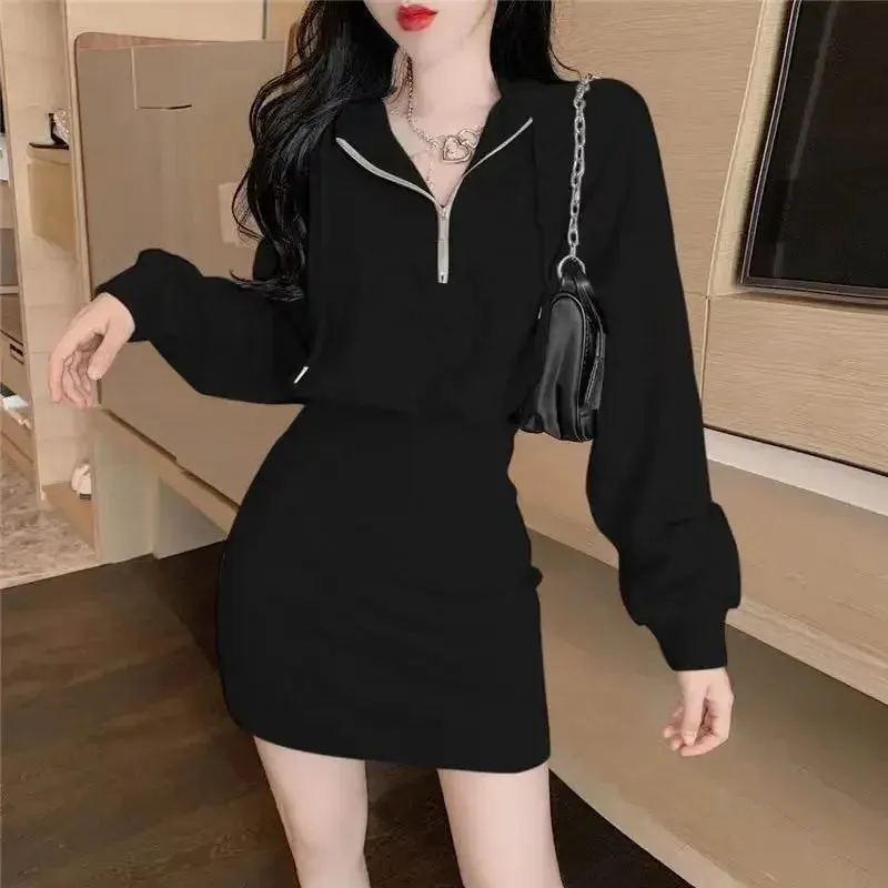 Korean Style Hooded Dress Women Kpop Bodycon School Sport Black Zip Mini Short Dresses Casual Autumn Old Money