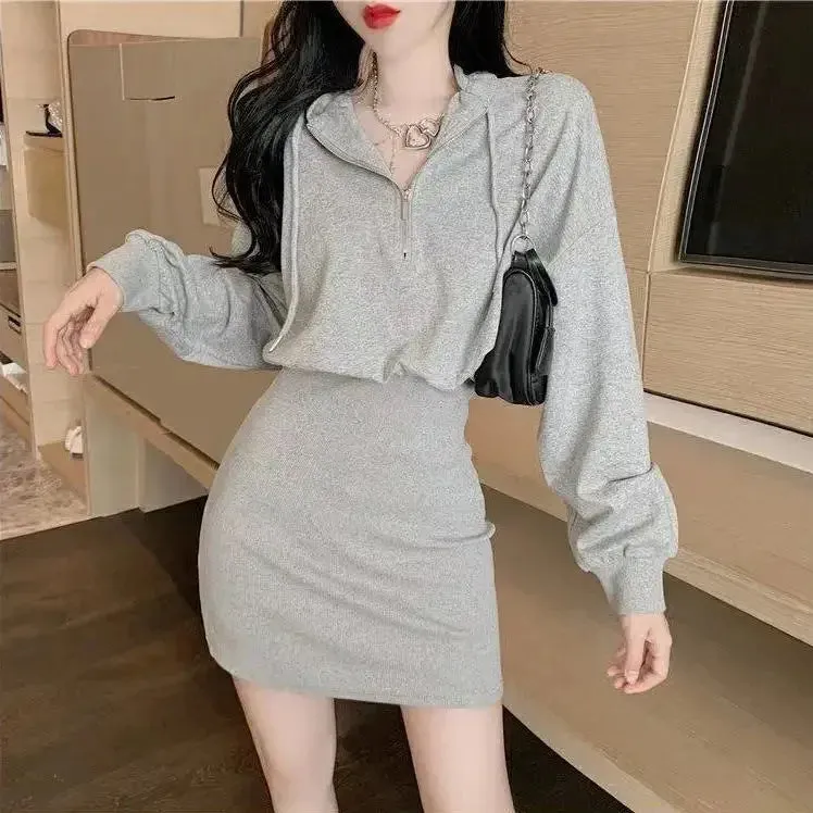 Korean Style Hooded Dress Women Kpop Bodycon School Sport Black Zip Mini Short Dresses Casual Autumn Old Money