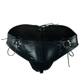 Lace-Up Closure Black Faux Leather Brief