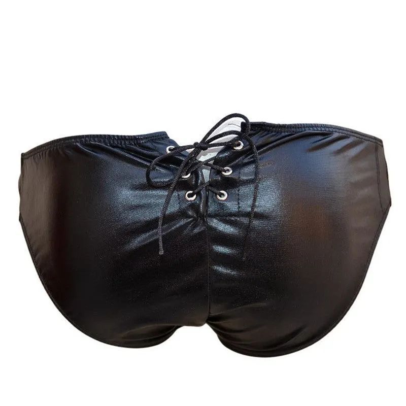 Lace-Up Closure Black Faux Leather Brief