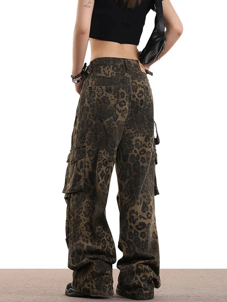 Leopard Print High Waist Wide Leg Jeans with Multiple Pockets