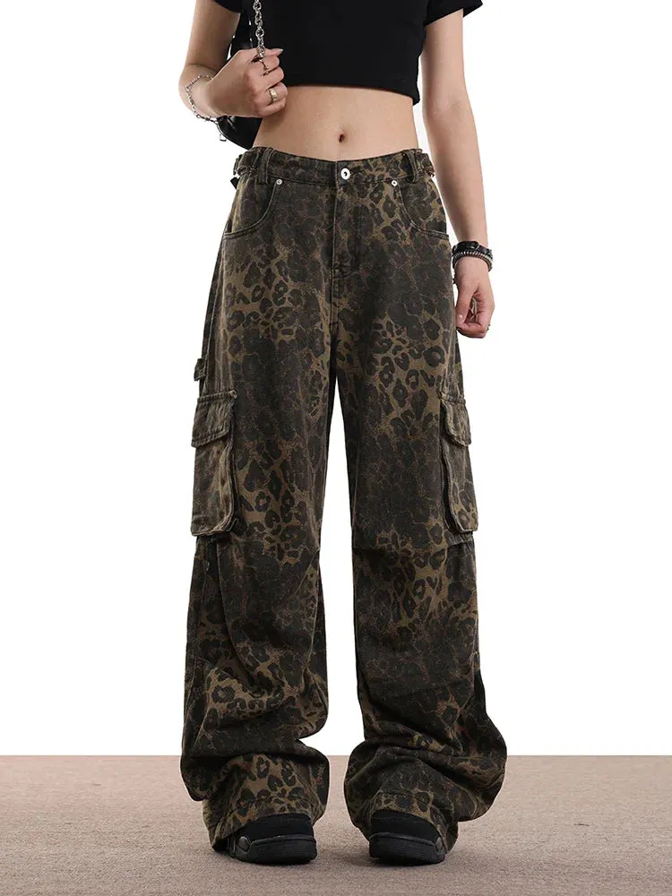 Leopard Print High Waist Wide Leg Jeans with Multiple Pockets