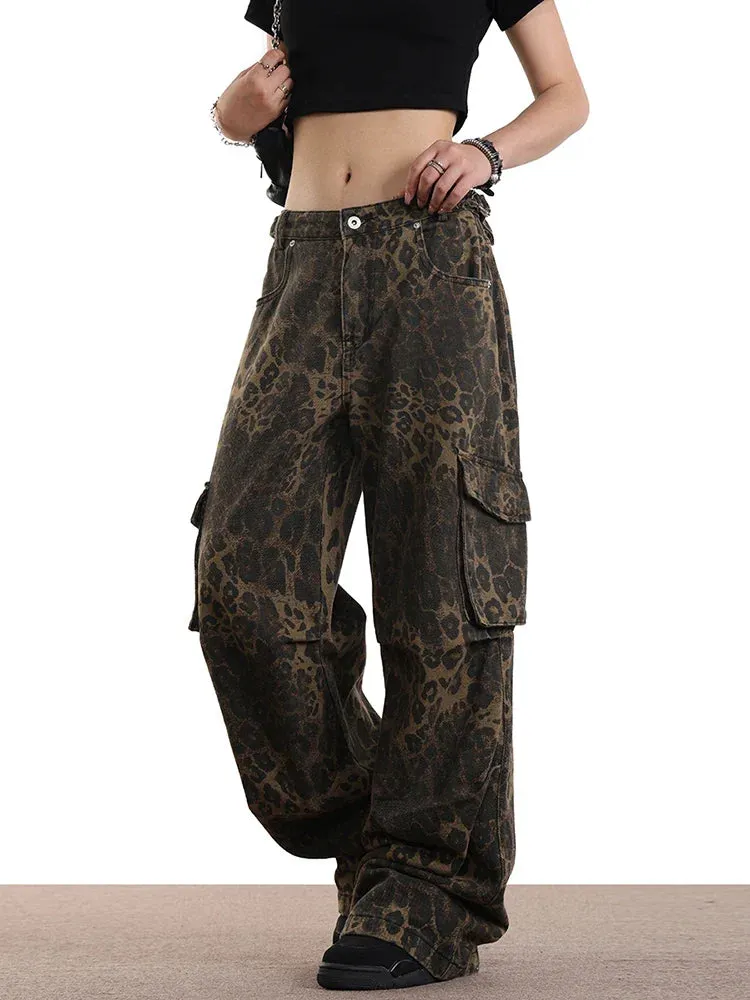 Leopard Print High Waist Wide Leg Jeans with Multiple Pockets