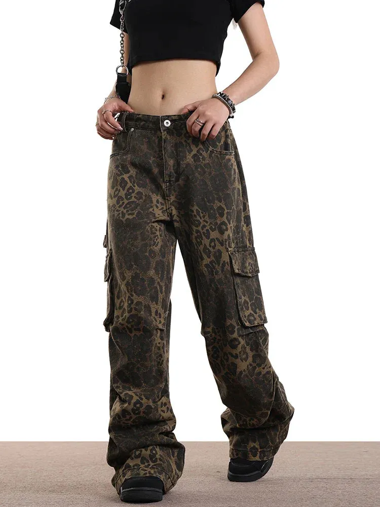 Leopard Print High Waist Wide Leg Jeans with Multiple Pockets