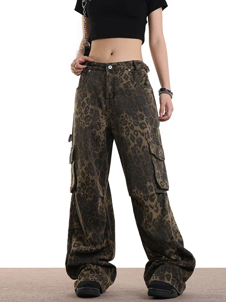 Leopard Print High Waist Wide Leg Jeans with Multiple Pockets