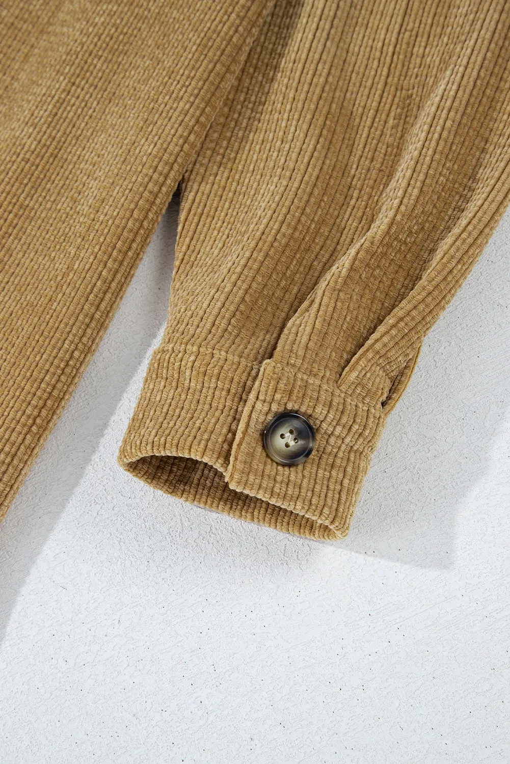 Light French Beige Patched Pocket Button Up Corduroy Shacket