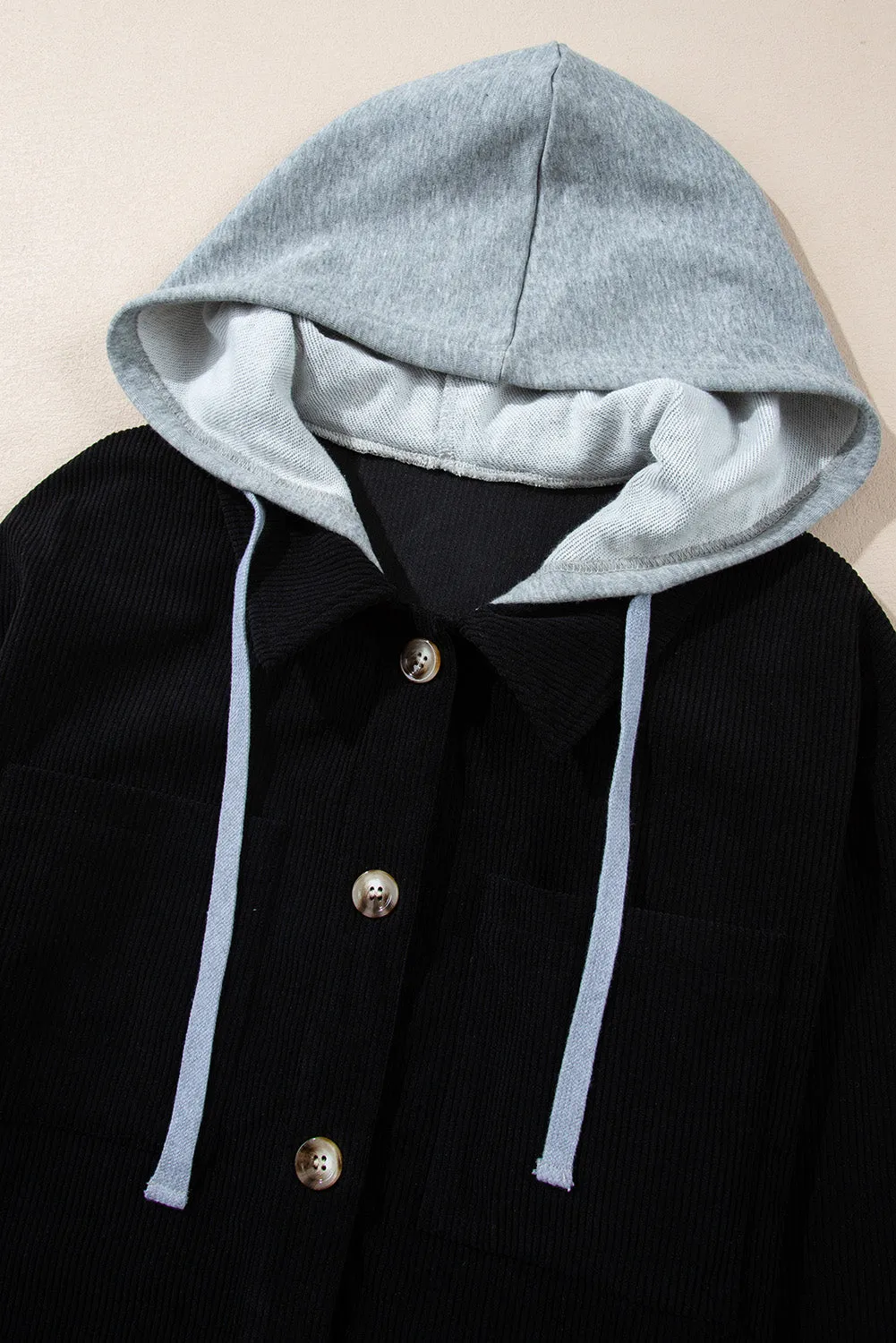 Light Grey Pockets Drawstring Hooded Corduroy Shacket