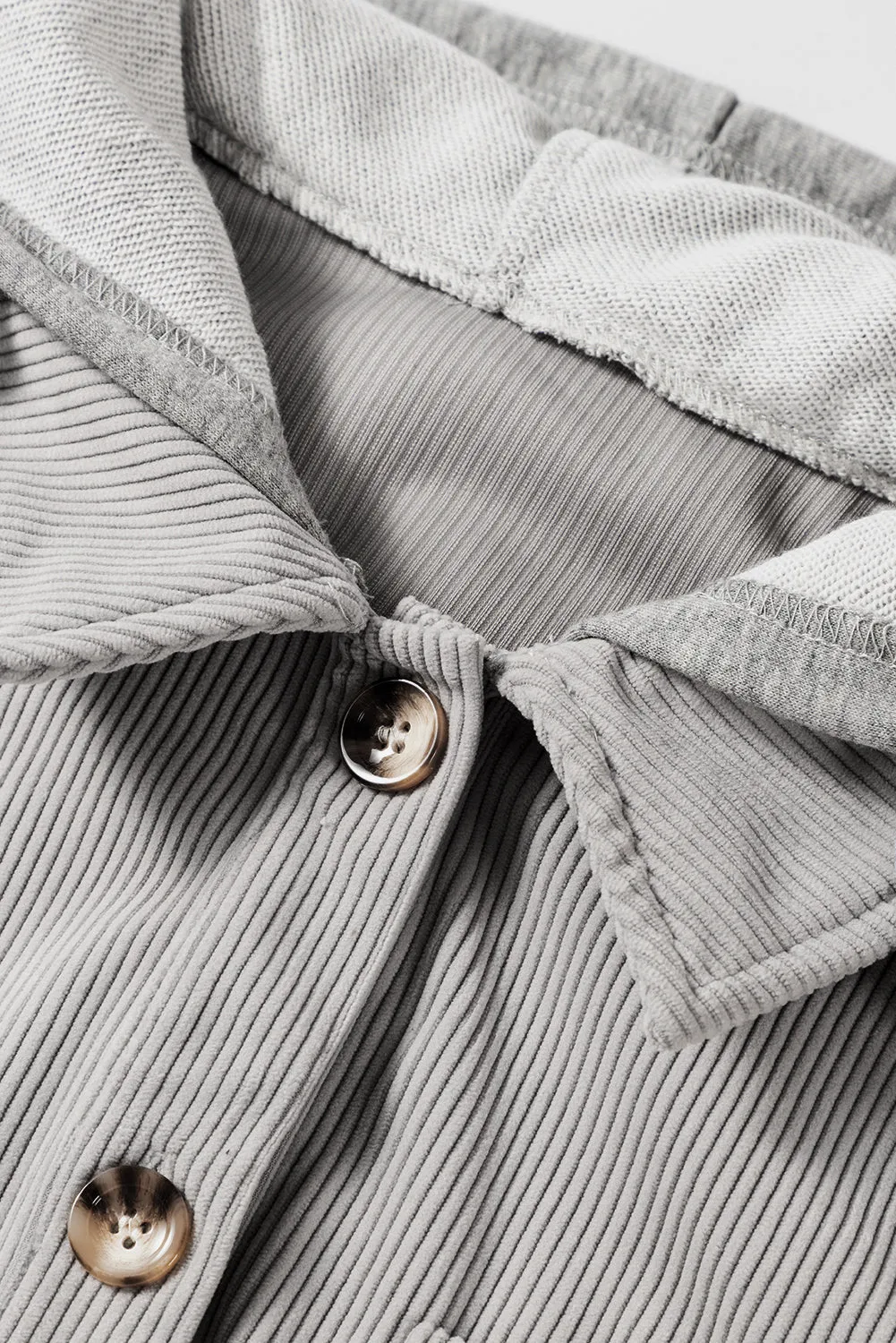 Light Grey Pockets Drawstring Hooded Corduroy Shacket