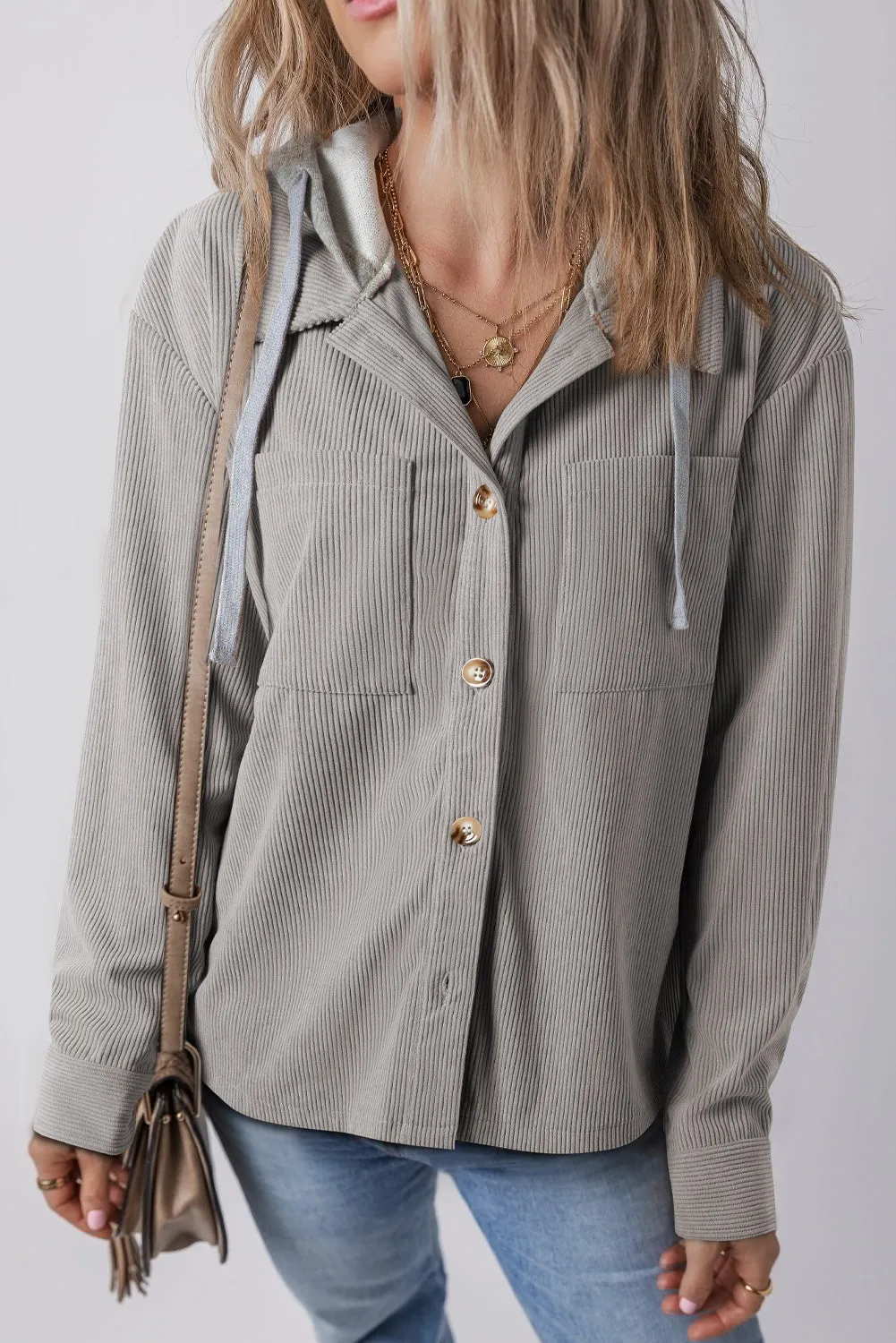 Light Grey Pockets Drawstring Hooded Corduroy Shacket