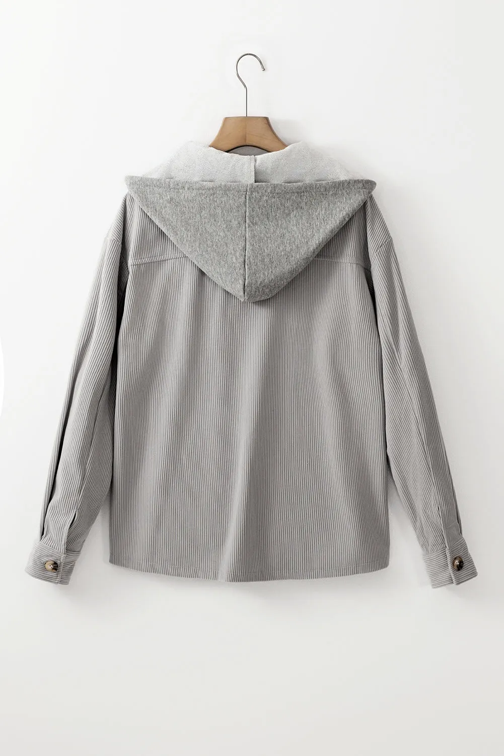 Light Grey Pockets Drawstring Hooded Corduroy Shacket