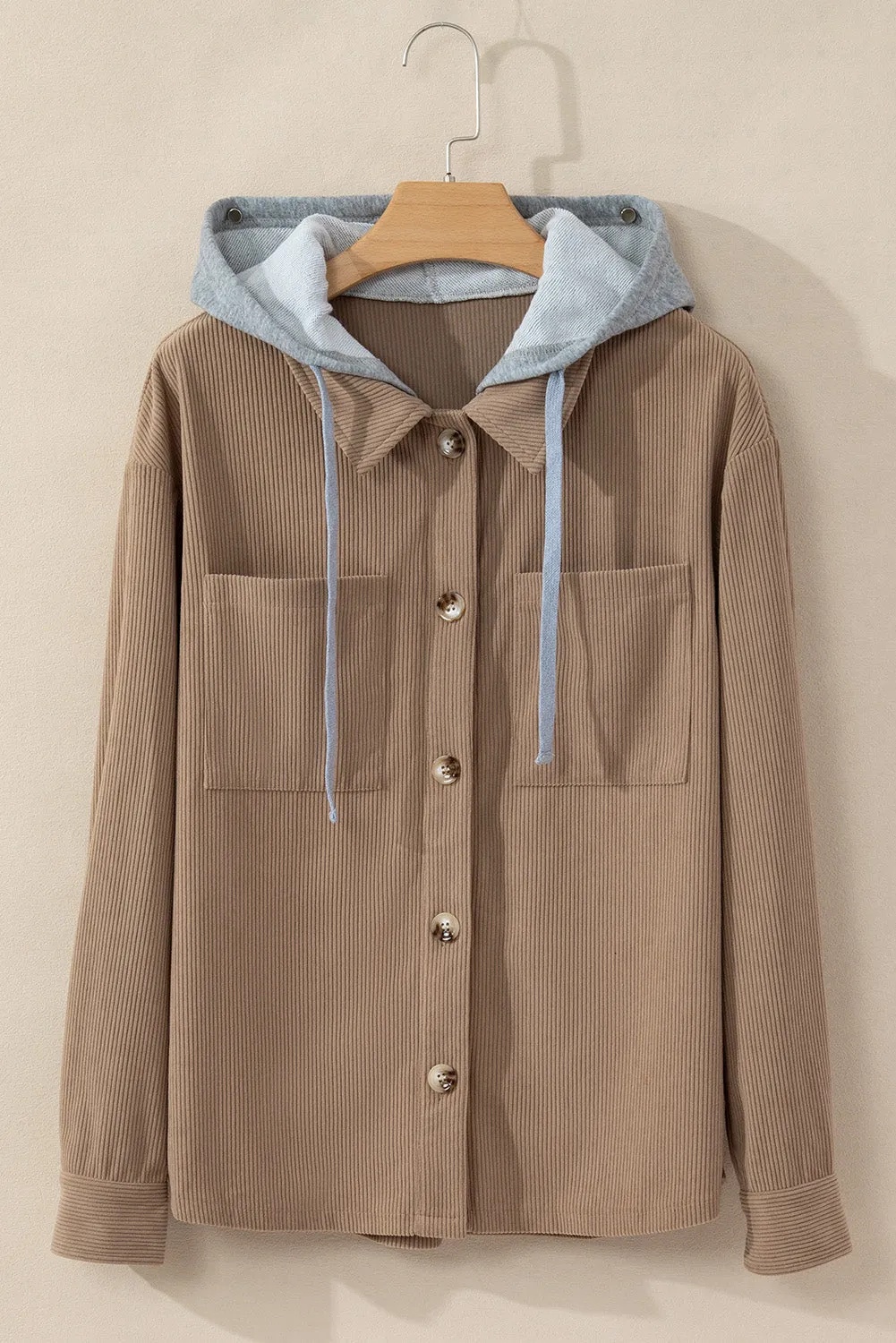 Light Grey Pockets Drawstring Hooded Corduroy Shacket