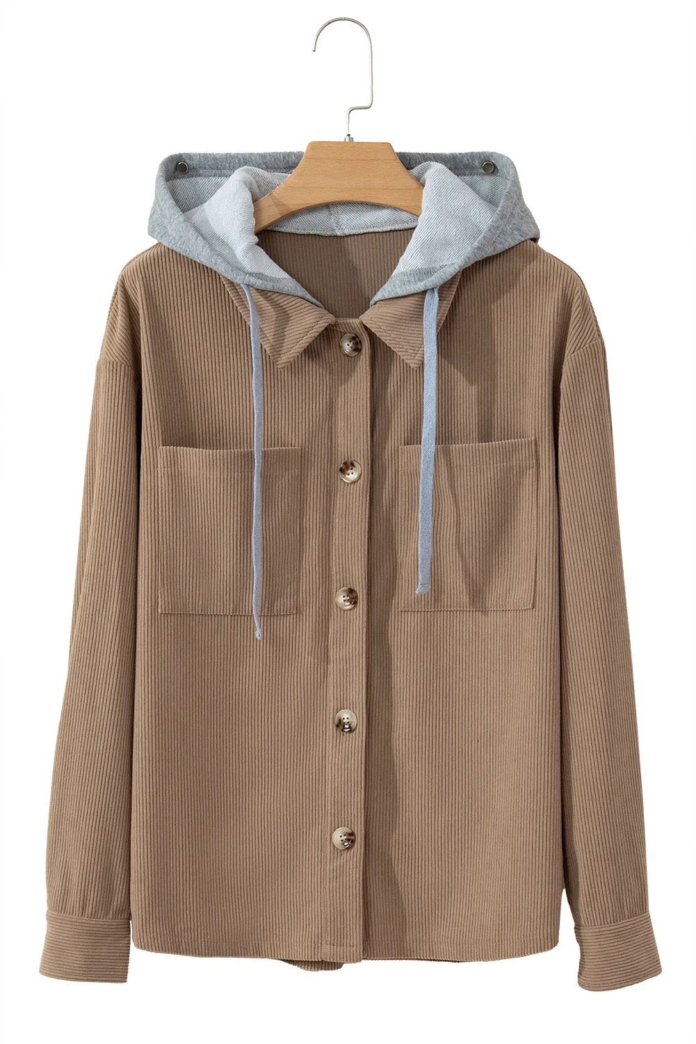 Light Grey Pockets Drawstring Hooded Corduroy Shacket