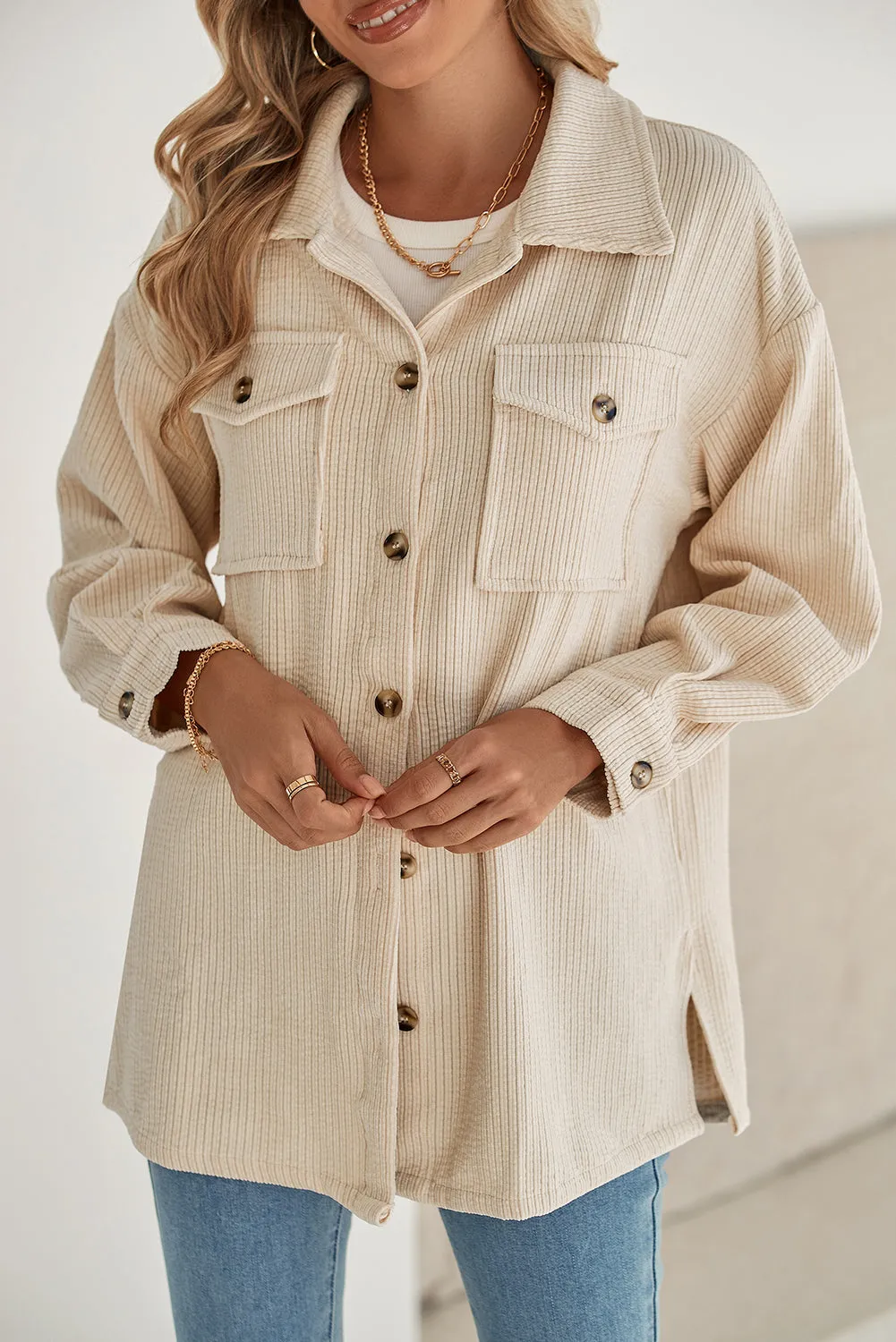 Light Pink Corduroy Flap Pocket Button Up Shacket