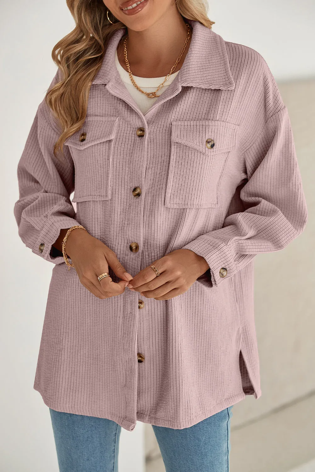 Light Pink Corduroy Flap Pocket Button Up Shacket